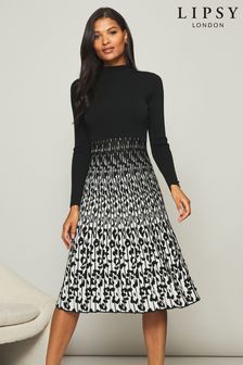 Lipsy Black Regular Knitted Pleated Midi Dress (Q23268) | £58