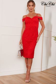 Chi Chi London Red Bardot Premium Lace Midi Dress (Q25150) | £106