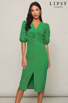 Lipsy Green Puff Sleeve Knot Front Bodycon Dress (Q26123) | £48