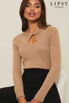 Lipsy Camel Petite Front Twist Cut Out Knitted Jumper (Q26677) | £36