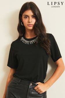 Lipsy Black Regular Necklace Trim T-Shirt (Q27199) | £26