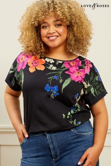 Love & Roses Black Floral Curve Roll Sleeve Round Neck T-Shirt (Q27487) | £25