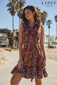 Lipsy Red Ditsy Sleeveless Tiered Belted Shirt Dress (Q27996) | £44