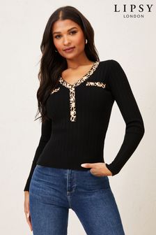 Lipsy Dark Black Petite Long Sleeve knitted V Neck Button Jumper (Q31440) | £36