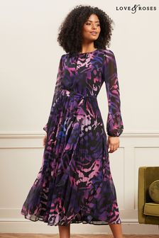 Love & Roses Purple Animal Regular Printed Belted Pleated Midi Dress (Q32434) | £69