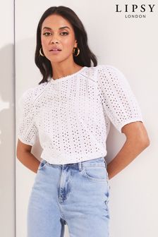 Lipsy White Regular Broderie Front T-Shirt (Q32680) | £25