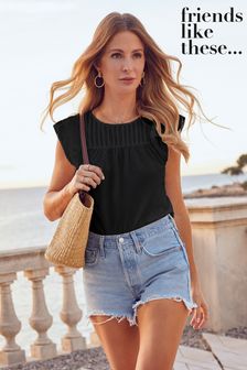 Friends Like These Black Ruffle Sleeveless Broderie Round Neck Top (Q32825) | £25