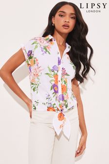Lipsy Purple Print Short Sleeved Tie Front Button Up Shirt (Q34204) | £34