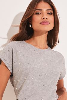 Lipsy Grey Pearl Round Neck T Shirt (Q35487) | £25