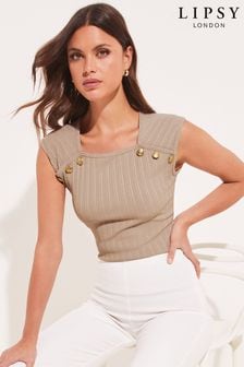 Lipsy Camel Square Neck Button Ribbed Sleeveless Top (Q36585) | £26