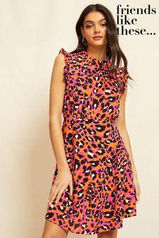 T-Shirts & Tops Pink Animal Sleeveless Frill Ruffle High Neck Mini Dress (Q38105) | £36