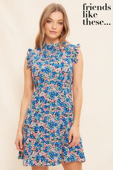 T-Shirts & Tops Blue Floral Sleeveless Frill Ruffle High Neck Mini Dress (Q38106) | £36