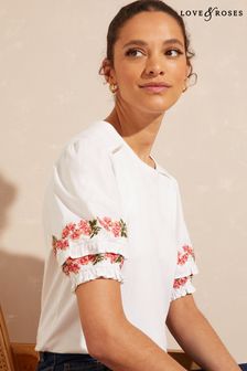Love & Roses White Floral Embroidered Round Neck Ruffle Sleeve T-Shirt (Q38512) | £28