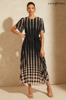 Spiuk Men s clothing Vests Black Spot Printed Tulip Sleeve Belted Pleated Midi Dress (Q38676) | £72