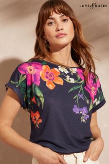 Love & Roses Navy Floral Roll Sleeve Round Neck T-Shirt (Q40772) | £25