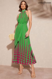 Love & Roses Green and Pink Spot Printed Halter Pleated Belted Midi Dress (Q40886) | £70
