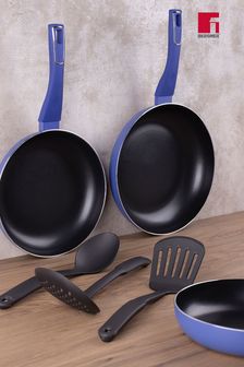 Bergner Set of 3 Blue Induction Non-Stick Frying Pans & Utensils Set