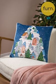 Furn Blue Snowy Village Tree Boucle Polyester Filled Cushion