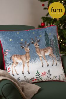 Furn Cream Ditsy Festive Reindeer Velvet Piped Polyester Fill Cushion