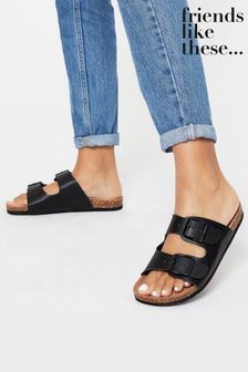 Friends Like These Black Faux Leather Buckle Strap Footbed Flat Beach Sandal (R25185) | £19