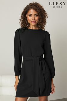 Lipsy Black Long Sleeve Tie Waist Shift Dress (R31875) | £34