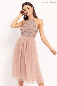 maya deluxe high neck delicate sequin midi dress