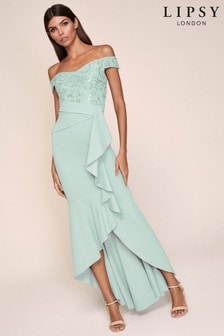 green bardot prom dress