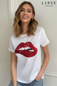 Lipsy White Red Lips Regular Logo T-Shirt (R34558) | £18