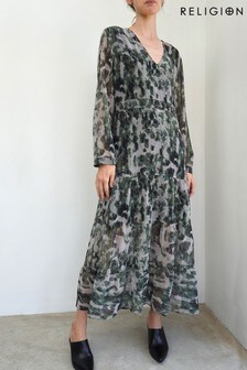 Religion Easy Maxi Dress With Tiered Skirt And V-Neck
