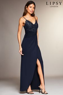 Lipsy Navy Regular Petite Embroidered Lace Cami Maxi Dress (R48851) | £88