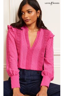 Love & Roses Pink Dobby Lace Trim Over The Head Blouse (R70028) | £36