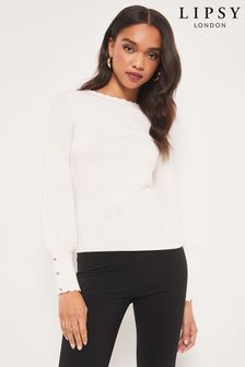 Lipsy Ivory Regular Scallop Long Sleeve Knitted Jumper (R72130) | £28