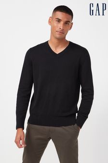 Mens Black V Neck Jumpers | Black 