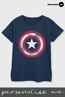 Brands In Navy Avengers Assemble Captain America Distressed Shield Women Navy T-Shirt (R98255) | £21