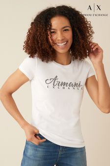 Armani Exchange White Diamante Logo T-Shirt