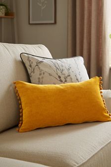 Ochre Yellow Soft Velour Pom Edge Rectangle Cushion