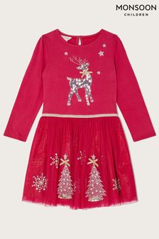 Monsoon Red Christmas Reindeer Long Sleeve Disco Dress (T06814) | £38 - £43