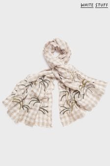 White Stuff Green Palm Tree Embroidered Linen Scarf