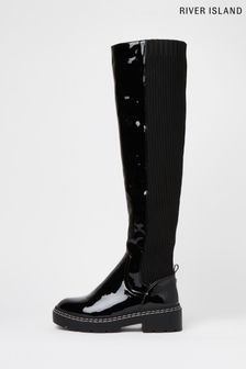 River Island Black Knit Over The Knee Boots