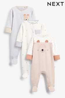 Neutral Bear Face 3 Pack Baby Sleepsuits (0-2yrs) (T10749) | £22 - £24