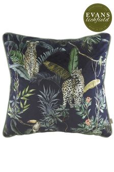 Evans Lichfield Petrol Blue Jungle Leopard Velvet Polyester Filled Cushion