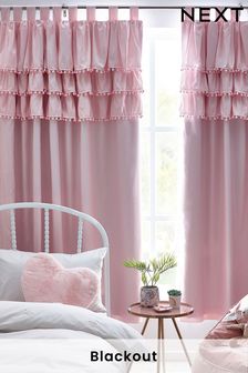 Pink Ruffle Pom Pom Tab Top Blackout Curtains