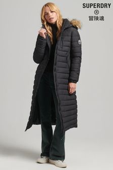 Superdry Faux Fur Hooded Longline Black Puffer Coat (T13451) | £115