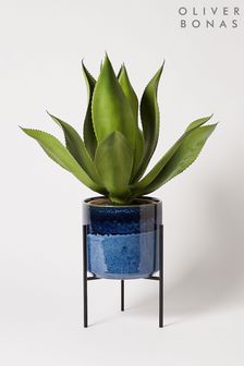 Oliver Bonas Blue Abuo Blue Ceramic Short Plant Pot and Stand