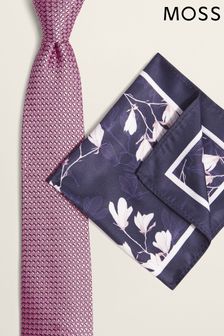 Moss Pink & Navy Floral Tie & Hank Set