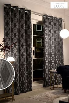 Charcoal Grey Collection Luxe Heavyweight Geometric Cut Velvet Eyelet Lined Curtains