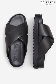 Selected Femme Clea Leather Cross Strap Sliders