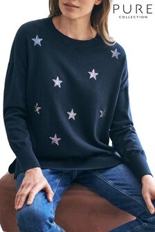 Pure Collection Blue Relaxed Split Hem Sequin Star Sweater