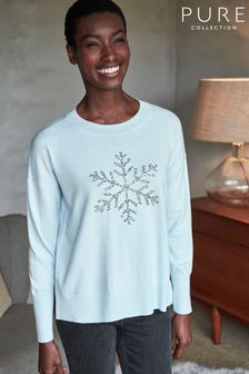 Pure Collection Blue Relaxed Split Hem Snowflake Sweater
