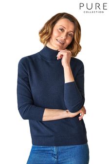 Pure Collection Blue Cashmere Polo Neck Sweater
